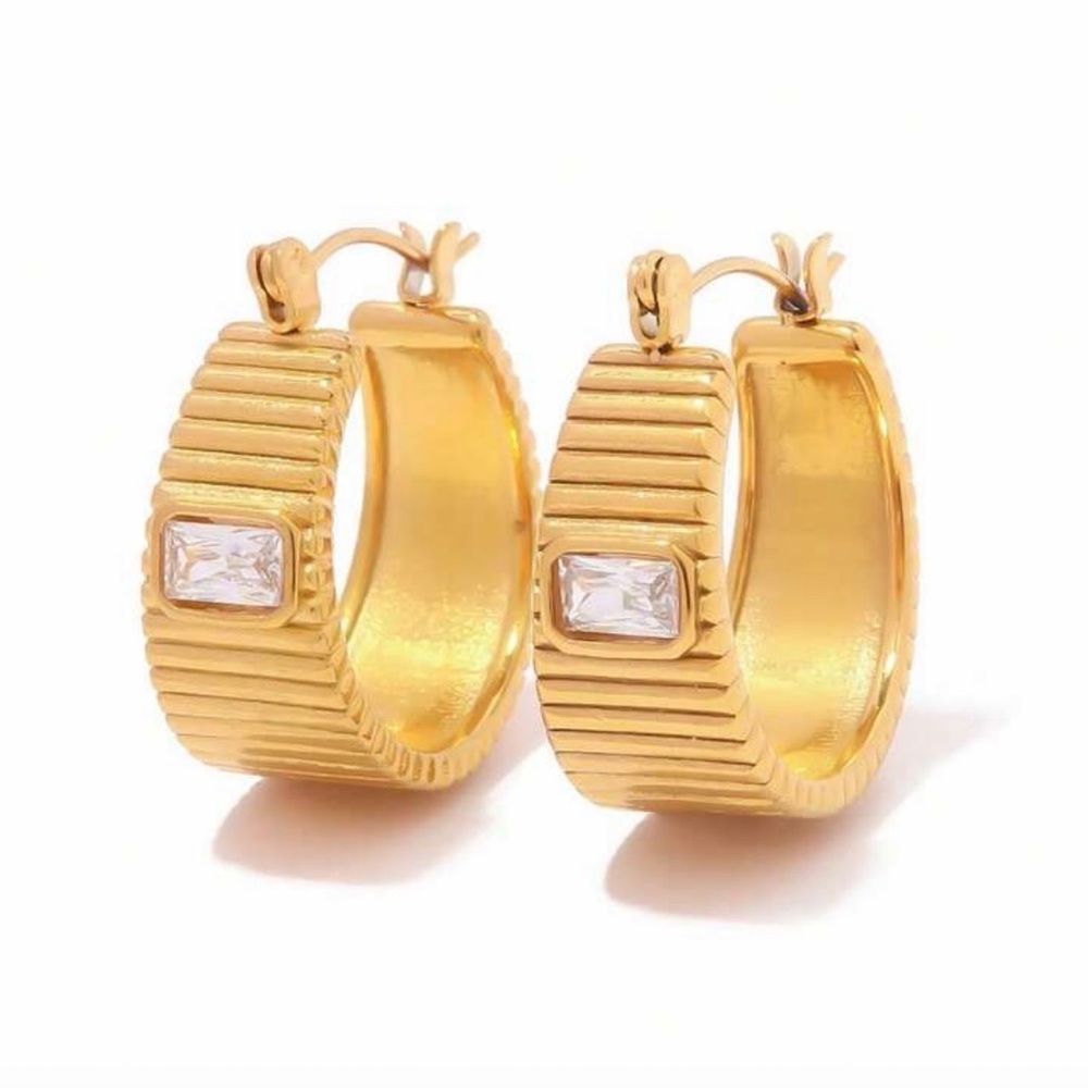 Gold Tone Chunky Thick Rhinestone Hoop Earrings Ribbed Huggies Jewelry Gift NEW